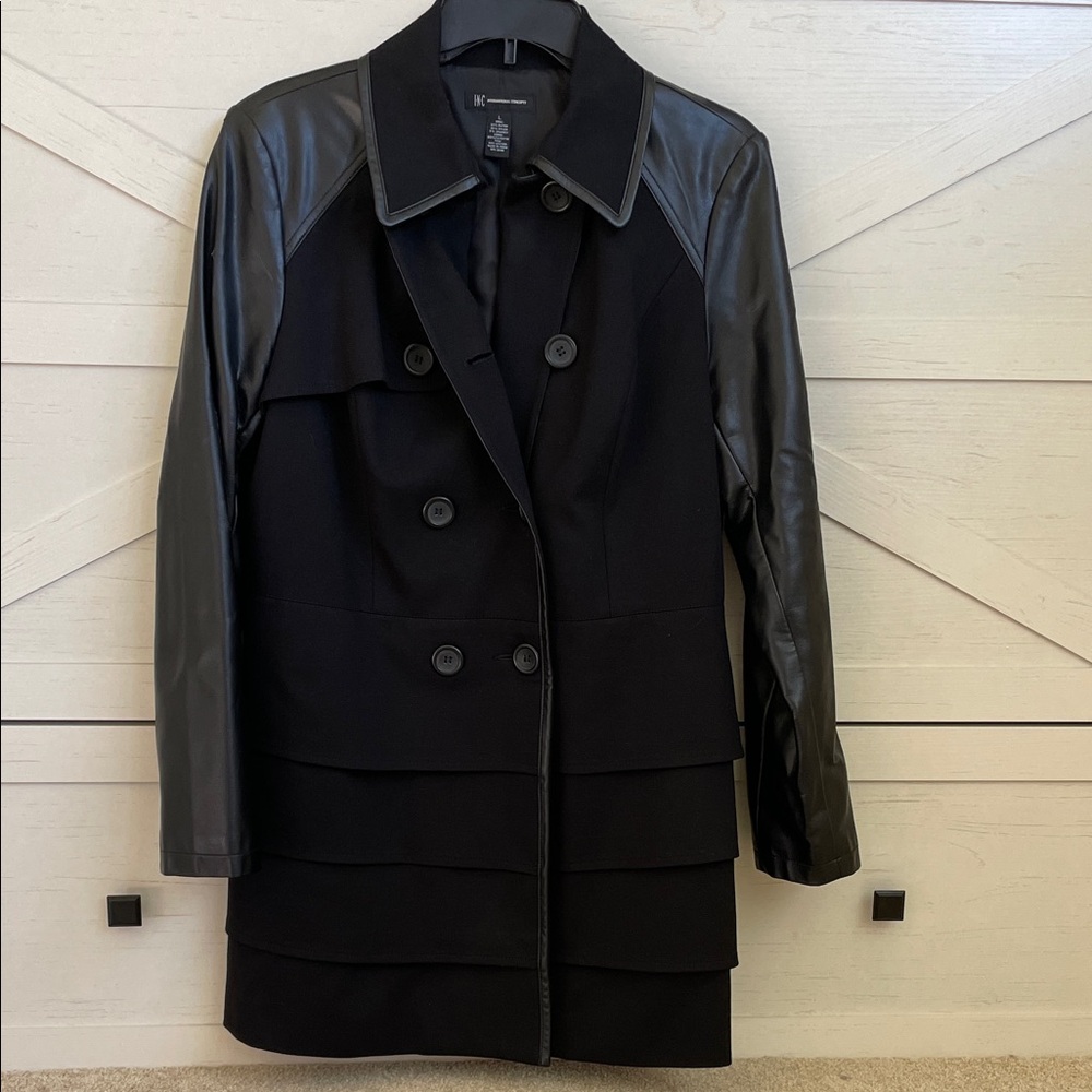 INC International Concepts Black Trench Coat with Leather Like Sleeves